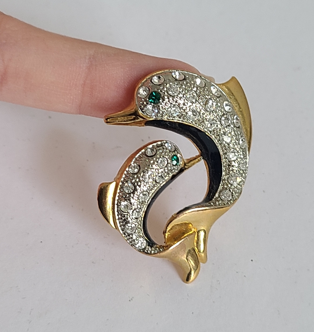 Vintage Gold Tone 2 Dolphin Rhinestone Costume Brooch Pin